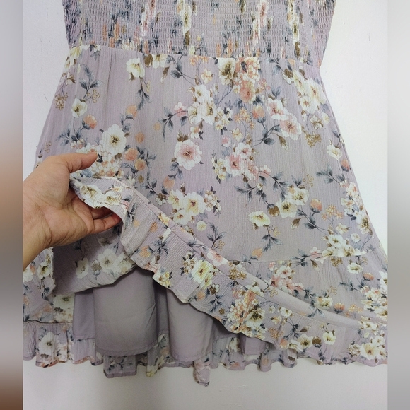 Calista lilac floral A-line knee-length puff sleeve dress, pockets,rayon, sz L. - Picture 11 of 16